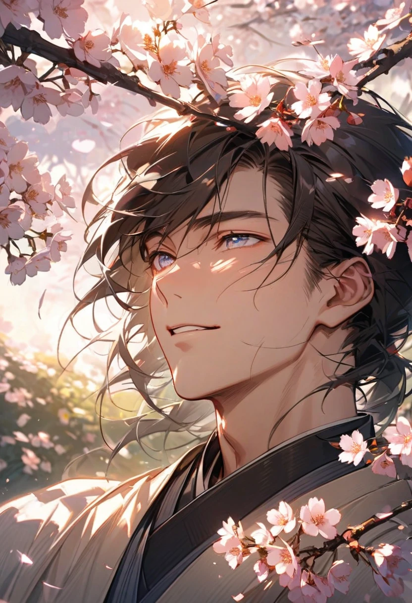 "A close-up of a samurai's face, a gentle smile playing on his lips, his eyes reflecting warmth and contentment. The background is a serene, sunlit garden, with cherry blossoms gently falling around him."