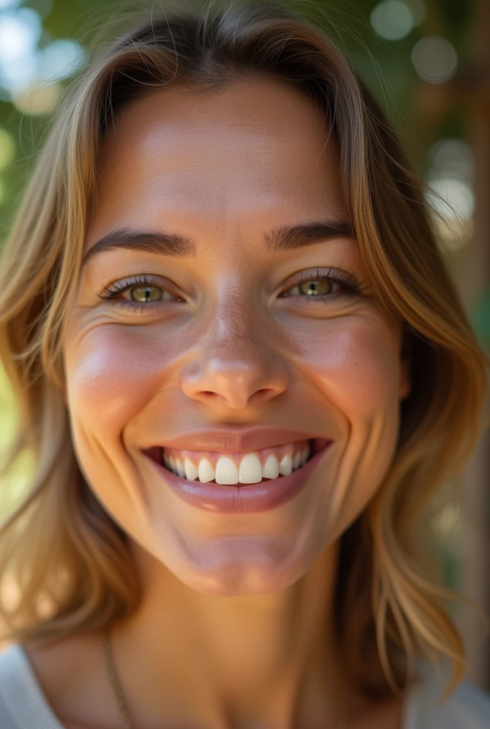 "A close-up of a woman gently smiling with warm, natural sunlight illuminating their face. The background is slightly blurred, with soft, golden hues suggesting a serene outdoor setting. The focus is on the genuine emotion of the smile, conveying peace, contentment, and a sense of inner happiness."