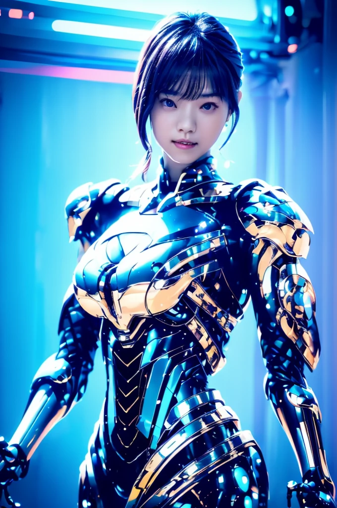 Highest quality, masterpiece, figure, (Realistic, photo-Realistic:1.37), wonderful, In detail, Incredibly absurd, Large file size, Very detailed, High resolution, Very detailed CG Unity 8k wallpaper, Very detailed目と顔, Ray Tracing, Browsing Caution, NUDE, One girl, Korean cyborg girl is innocent and young々Has a sly expression. She poses boldly with her arms raised above her head, Revealing her voluptuous figure. She is wearing a small black mecha armor top that barely covers her breasts., Exposing most of her flawless skin. Her shoulders and head have more armor detailing.、There are shining highlights, Tech Panels and Mechanisms. She is standing against a futuristic cityscape lit up with vibrant neon lights.、Standing full of energy。.