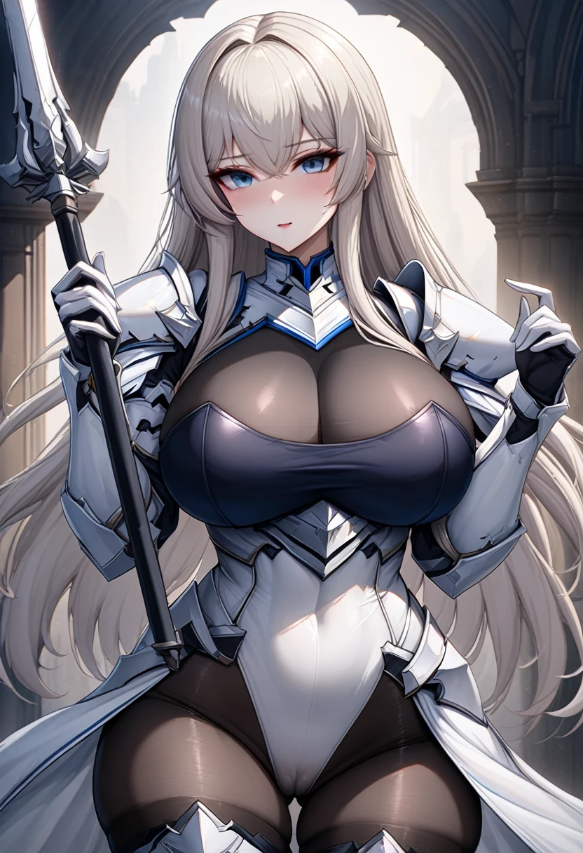 ((highest quality)), ((masterpiece)), ((hyperrealistic)), Transparent feeling, (solo), 1girl, A pure and clear girl, ((curvy)), ((skindantation: 1.2)), perfect face, ((Azur Lane)), ((white armored dress: 1.3)), ((white paladin armor: 1.3)), ((skin-tight leotard: 1.4)), ((white knight armor breastplate)), ((skin-tight black Investigator Bodystocking)), ((pauldron)), (white long gauntlet gloves), ((Platinum Blonde long straight hair)), ((Compressed soft large breasts)), (tight black pantyhose thighs), ((tight thigh boots)), ((see through cleavage cutout)), (ultra high leg cut: 1.2), zettairyouiki, Perfect and beautiful dark blue eyes, Perfect hands, perfect fingers, (makeup: 0.8), (cameltoe: 0.9), cowboy shot, holding a spear in hand,
