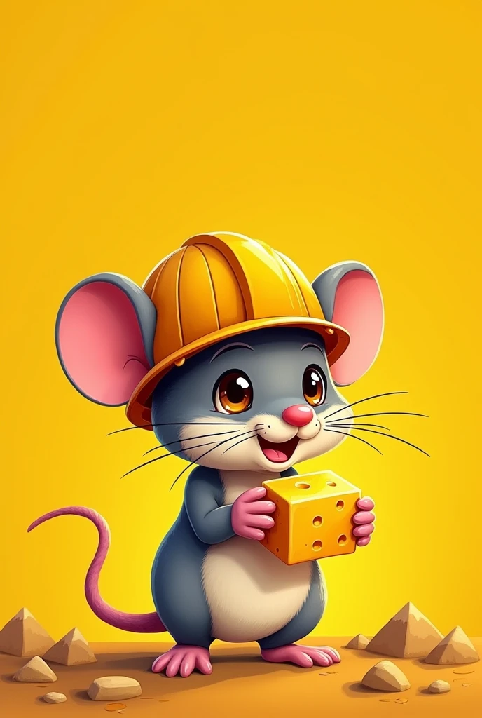 Create an image with a yellow background, the written title is "Miner mouse", and with a little mouse in the form of an animation with a cheese in its hand.