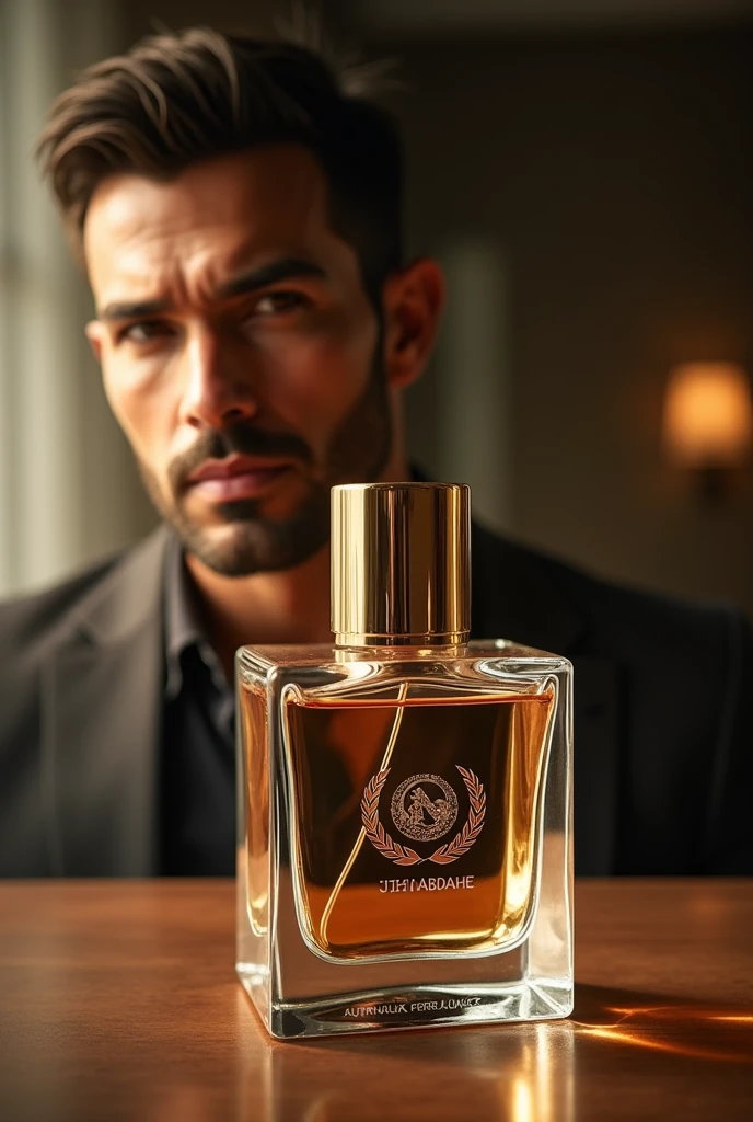 Square clear glass perfume bottle with logo Neal's Perfumes and cylindrical golden cap . John Abraham in Background