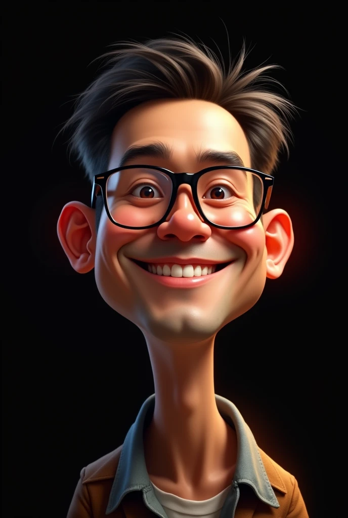 caricature image of a 29 year old Indonesian man smiling with thin bald hair wearing glasses wearing a black shirt, glowing black background, photography, realistic, 8k
