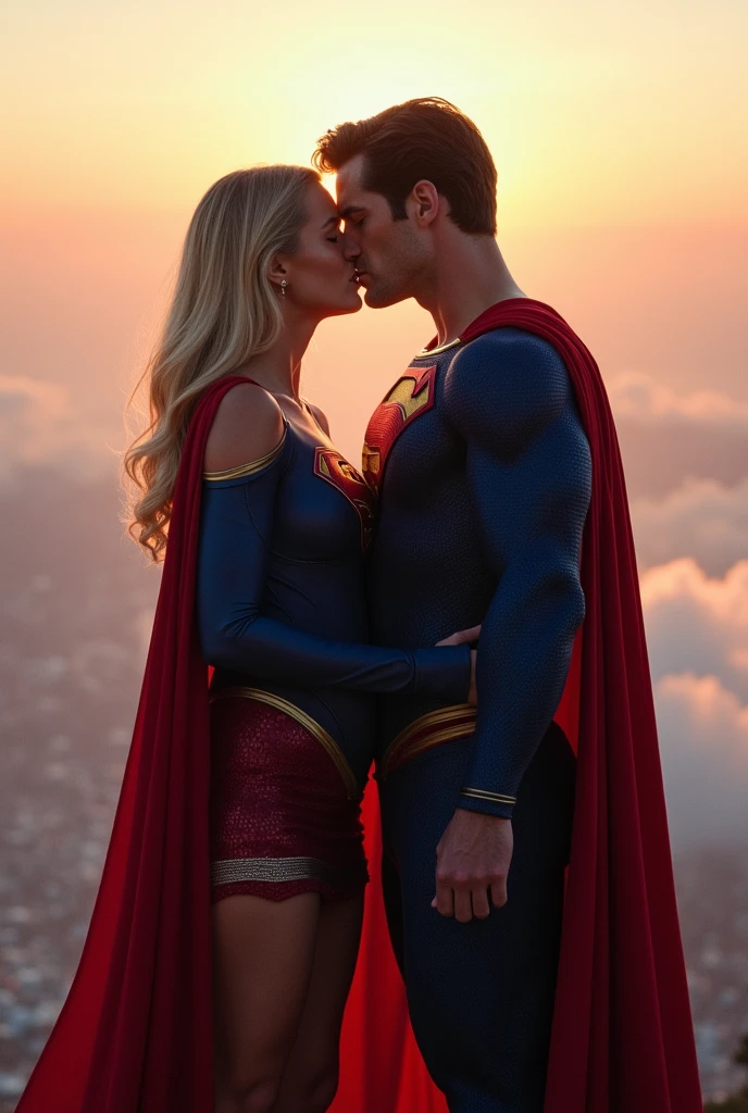 Super girl and superman are kissing, she is pregnant, intimate, bare belly