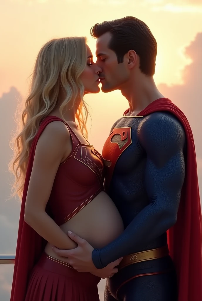 Super girl and superman are kissing, she is pregnant, intimate, bare belly