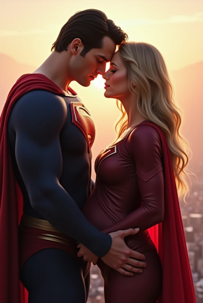 Super girl and superman are kissing, she is pregnant, intimate, bare belly