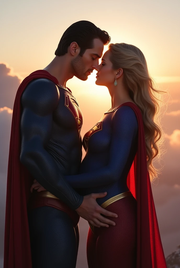 Super girl and superman are kissing, she is pregnant, intimate, bare belly