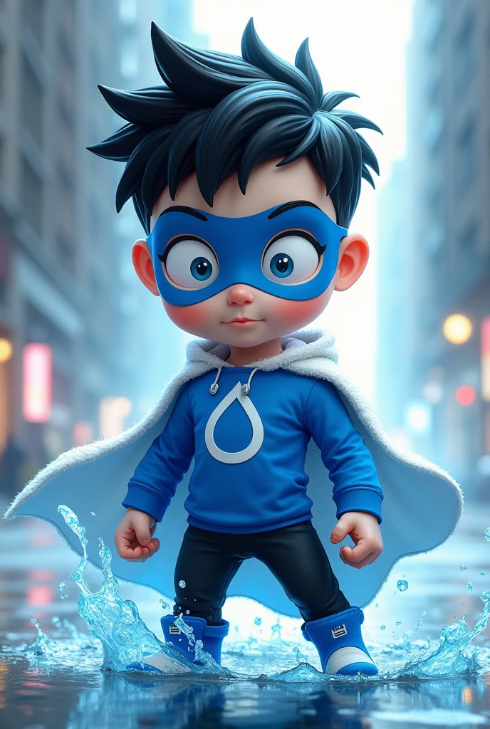 Create an image of a teenager with water powers, This teenager is 10 years old and is wearing a costume with a blue shirt with the symbol of a white drop in the middle., he wears a blue mask with completely white eyes, and also wears black pants with a white cape, This teenager has white skin and black hair, he is fat and is 1 meter 50, he has hard hair like bronbil it is short and spiked up a little.