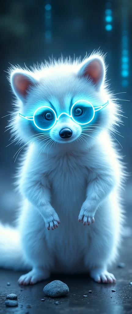 A captivating photograph of a cute extra fluffy baby realistic transparent albino raccoon wearing bright blue neon glasses. eyes are replaced by streams of white binary code, creating a futuristic aesthetic. The body is a white glow with a white flicker effect, giving it a ghostly appearance. The overall image has a double exposure effect with deep focus, enhancing the surreal atmosphere. body is adorned with a white gradient and features a bipyramidal fractal effect, making it appear as if the animal is made of light., photo, 3d render, conceptual art