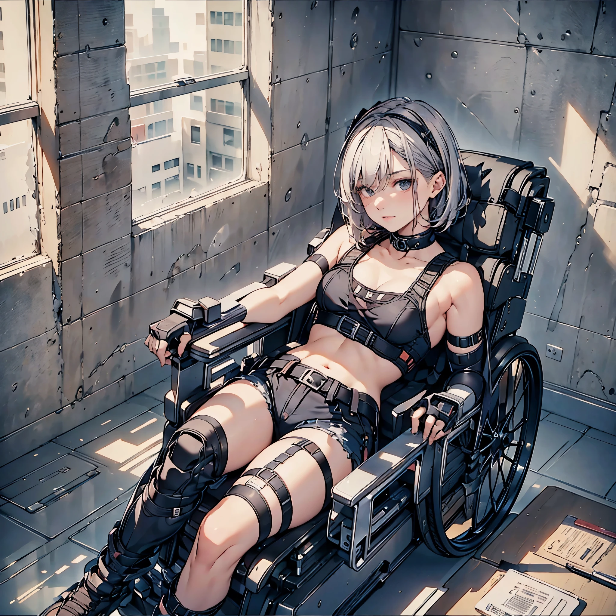 a 24 year old disabled woman in a reclining electric wheelchair, lying down, glaring, hair covering her eyes, heavy makeup, very short hair, silver hair, black camisole,shorts,piercing,loose socks, lace up boots, plastic arm brace, plastic leg brace, knee pad, elbow pad, (best quality,4k,8k,highres,masterpiece:1.2),ultra-detailed,(realistic,photorealistic,photo-realistic:1.37),HDR,UHD,studio lighting,ultra-fine painting,sharp focus,physically-based rendering,extreme detail description,professional,vivid colors,bokeh,portrait