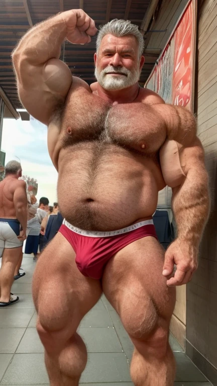 An older Japanese male bodybuilder with his upper body naked。Big muscles。Big Belly。thick limbs。
A standing posture that shows the whole body。
極端に短いGray-hairedの顎髭。
極端に短いGray-hairedの髪。
A Japanese male bodybuilder is wearing only red bikini briefs.。
I am only a translate agent。
Sunburned skin。Hairy skin。
男性はThe whole body is hairy。Full body covered in hair。Gray-hairedの胸毛。Gray-hairedの腹毛。Gray-hairedの下腹部の毛。Armpit hair。Arm hair。Leg hair。Thigh hair。shin hair。
A symmetrical Japanese face。Japanese round face。The gentle face of the Japanese。Gentle face of Japan man。The gentle expression of a Japanese person。single eyelid。Kind eyes。Small eyes。Round Nose。Big Nose。Small Mouth。Small lips。
Statue。Low - Angle。Full body portrait。Gray-haired。The whole body is hairy。
Maximum number of pixels。Highest quality。ピントがきちんと合ったHighest qualityの写真画質。