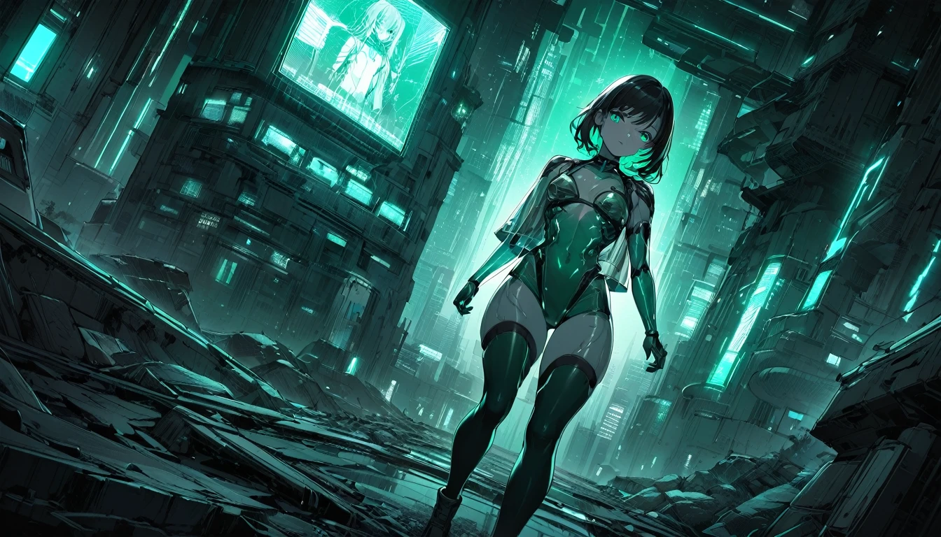 Monochrome Tiffany Blue, Highest quality, very detailed, delicate and dynamic, Three-dimensional effect expressed through light and shadow, Cyberpunk cityscape, Eye-catching effect, modern art, Low-Angle, cinematic angles, looking at the viewer with a love struck expression. Pretty girl in her 20s, young adult, detailed face, detailed eyes, pouty lips, detailed sweaty skin, thick thighs, lean but fit, tall, emerald green eyes, long black hair winth emerald green inner hair. Part of the clothing is translucent, translucent parts has a slight illumination, bikini armour, bikini_armour, skimpy outfit, thigh highs, boots, transparent pelvic curtains, emerald green skimpy powered exosuit, translucent trench coat on top, standing in a contemplative pose amidst the neon-lit ruins, textured digital art with muted tones and subtle ambient noise, detailed and intricate illustration, dystopian and gritty yet beautiful, a glimmer of hope in the decay, illuminated character, character lighting, 