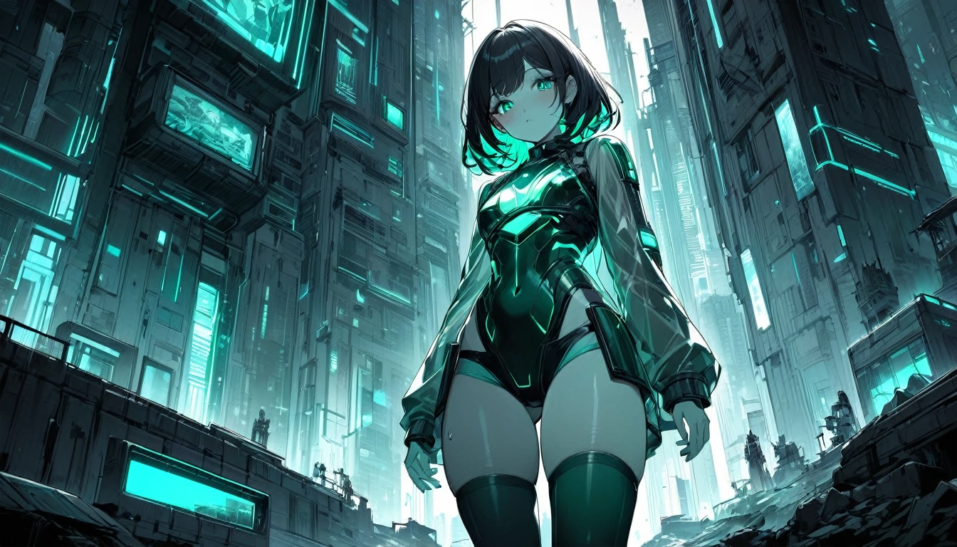 Monochrome Tiffany Blue, Highest quality, very detailed, delicate and dynamic, Three-dimensional effect expressed through light and shadow, Cyberpunk cityscape, Eye-catching effect, modern art, Low-Angle, cinematic angles, looking at the viewer with a love struck expression. Pretty girl in her 20s, young adult, detailed face, detailed eyes, pouty lips, detailed sweaty skin, thick thighs, lean but fit, tall, emerald green eyes, long black hair winth emerald green inner hair. Part of the clothing is translucent, translucent parts has a slight illumination, bikini armour, bikini_armour, skimpy outfit, thigh highs, boots, transparent pelvic curtains, emerald green skimpy powered exosuit, translucent trench coat on top, standing in a contemplative pose amidst the neon-lit ruins, textured digital art with muted tones and subtle ambient noise, detailed and intricate illustration, dystopian and gritty yet beautiful, a glimmer of hope in the decay, illuminated character, character lighting, 
