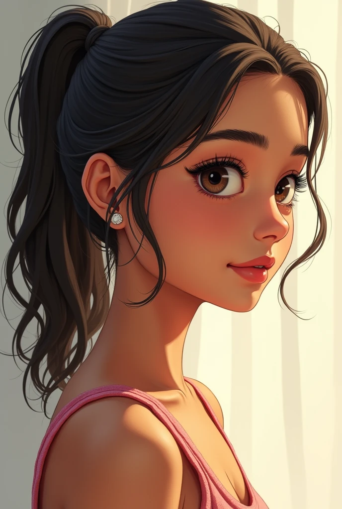 Create a close-up illustration of a beautiful 13 year-old South Asian girl brown colour girl . She has small eyes and carefully styled her hair into a neat ponytail. The image should sideways 