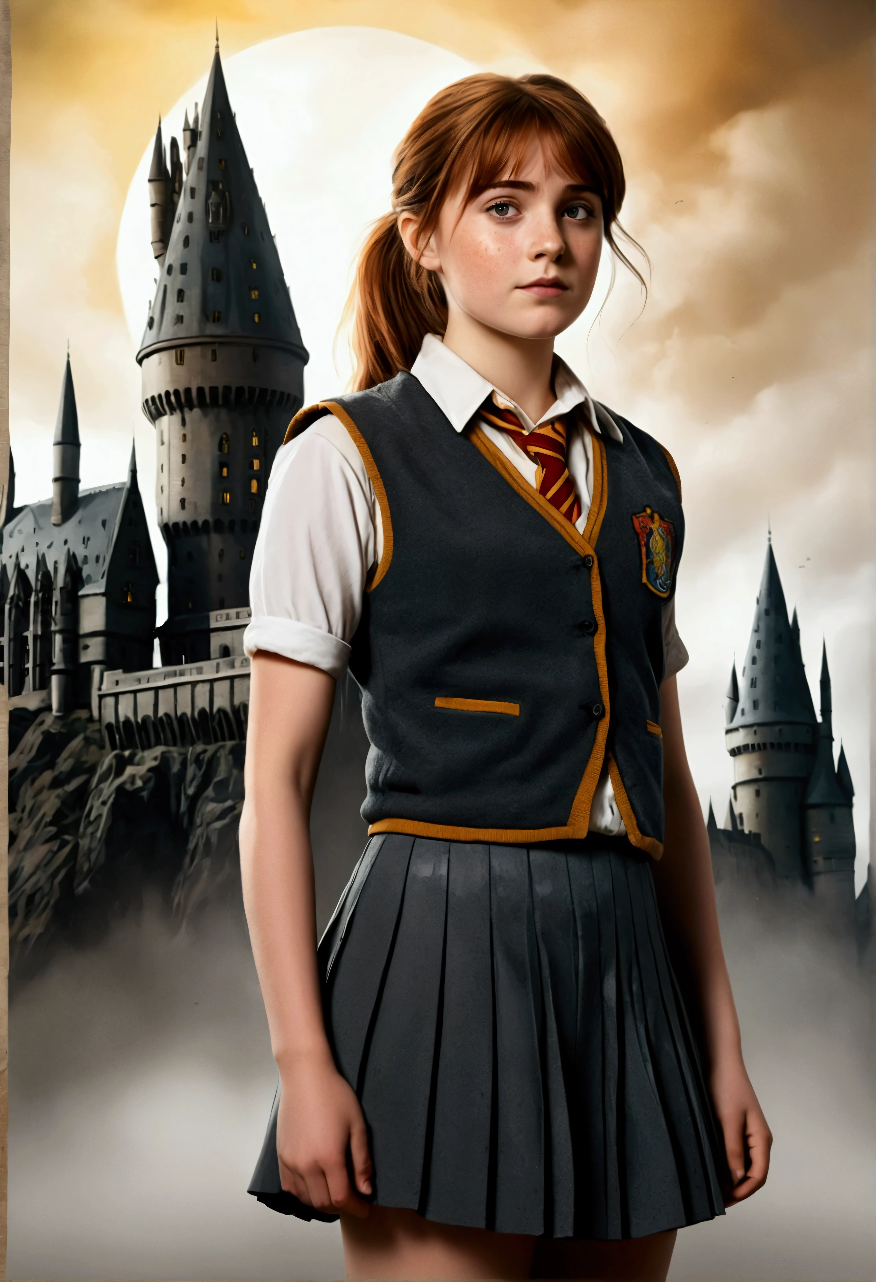 An illustrated movie poster, hand-drawn, full color, a female Hogwarts student, 18 years old, wearing a charcoal vest and a pleated skirt, tall, toned, amazonian stature, athletic hourglass figure, full wide hips, massive round butt, long shapely legs, ridiculously thick powerful thighs, auburn hair, messy ponytail, flushed sun-kissed complexion, freckles, resembkes Natalie Dyer, standing in front of Hogwarts Castle, surrounded by mist, graphite shading, stencil marks, airbrushed acrylic paint, masterpiece, in the Deathly Hallows