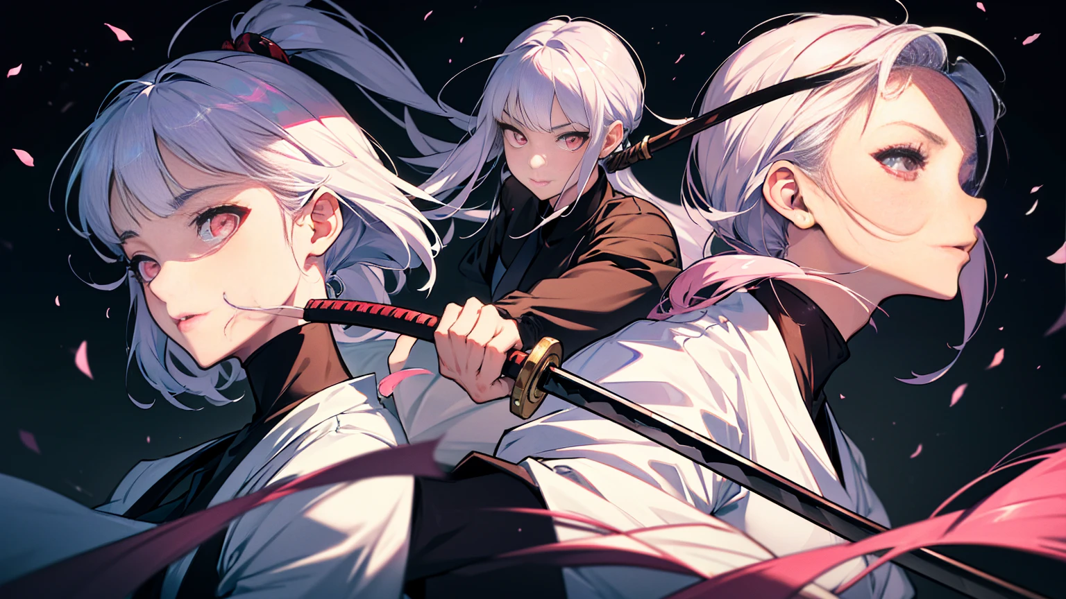 ultra-high resolution, top-quality, highest quallity, super verbose, realisitic, 8k, highest quallity, work of art, monstr, Samurai, elfa enfrentando m um grande monstr, katana, white hair, pink eyes, , shorth hair, mysterious and mysterious worldview,