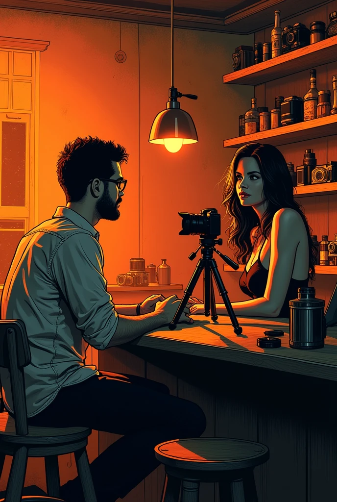 There is a 40-year-old photographer,Photographing a beautiful woman,Photographer with short beard, short hair, (slightly overweight), wear glasses, Sit at the bar,Directing a model,, In his studio, With tripod,Using the Camera, There are many cameras in the cabinet,Popular on Art Station, Play Techno House Music, Music playing, listen to music, Milton Caniff (Milton Caniff) Beautiful illustrations, Duotone, Two colors, Black and Orange, , , ink, masterpiece