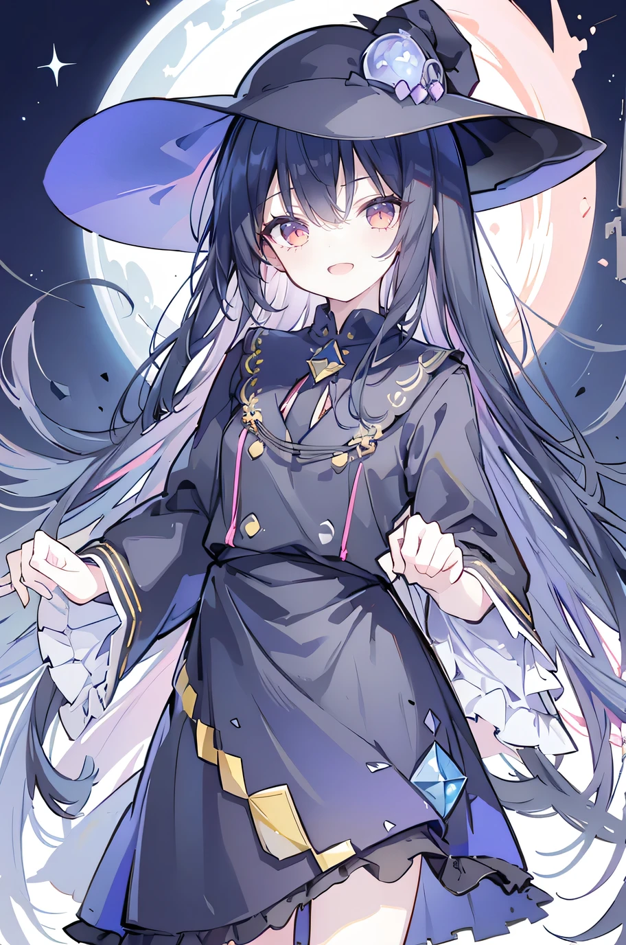 oung Girls,Humanity,A magician always smiles,big witch hat,cute,dark blue long hair,The eyes are dull,The bangs are heavy,Thin eyebrows,fantasy,intake,Double teeth,Star Theme,Constellation pattern,Solid color clothetal decoration,cloak,A bit of a dark atmosphere,A little crazy smile,When the big moon shines outside at night,blood,Hair black star embellishment,Short tie,No nails,High waist skirt,Bell sleeves,Long-sleeved shirt,Black tie,low risk,gentlemen。Mist、Yellow and white effect，Shocking pink as an accent color