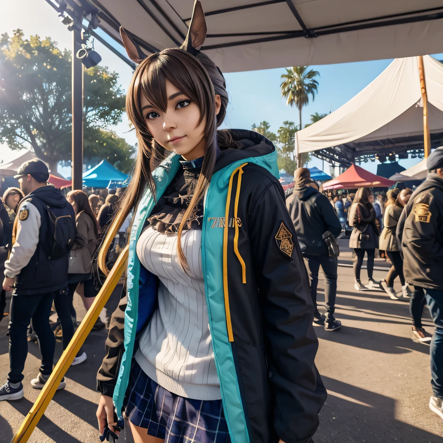 Amiya from Arknights in a detailed cosplay outfit, leaning casually against a wall at an outdoor festival event. The setting is a bright and sunny day, with vibrant festival decorations and a lively atmosphere. Amiya has small, round breasts and is positioned naturally, with her eyes reflecting the warmth of the sunlight. The background showcases a bustling crowd and colorful stalls, capturing the festive spirit.