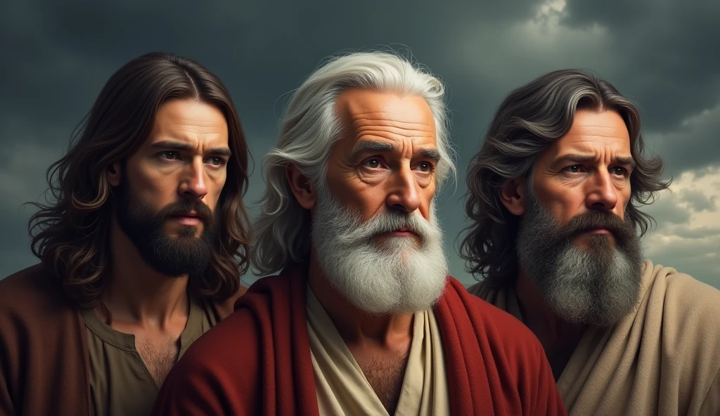 "Create a realistic and detailed bust image of three biblical figures: jesus, of serious appearance, with long hair and beard; enoch, with a wise and profound countenance, senior citizen, with white hair and a contemplative look; and Elijah, middle-aged, with a strong and determined expression, slightly shorter hair, dark and a well-groomed beard. The background should be a dark, dramatic sky., with heavy clouds, creating an atmosphere of suspense and awe. Lighting should highlight the characters&#39; faces, emphasizing their unique expressions and characteristics."