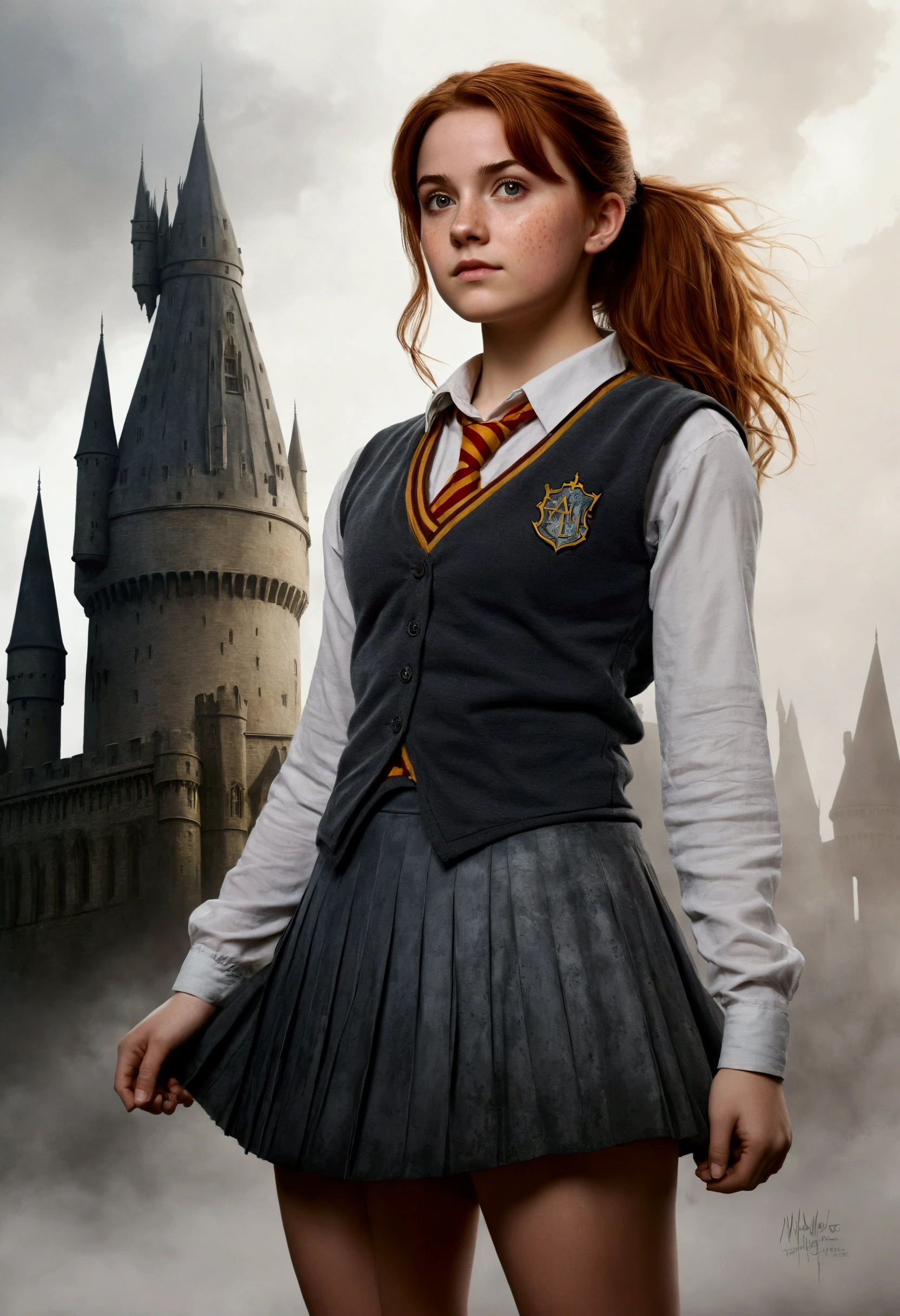 An illustrated movie poster, hand-drawn, full color, a female Hogwarts student, 18 years old, wearing a charcoal vest and a pleated skirt, tall, toned, amazonian stature, athletic hourglass figure, full wide hips, massive round butt, long shapely legs, ridiculously thick powerful thighs, auburn hair, messy ponytail, flushed sun-kissed complexion, freckles, resembkes Natalie Dyer, standing in front of Hogwarts Castle, surrounded by mist, graphite shading, stencil marks, airbrushed acrylic paint, masterpiece, in the Deathly Hallows 