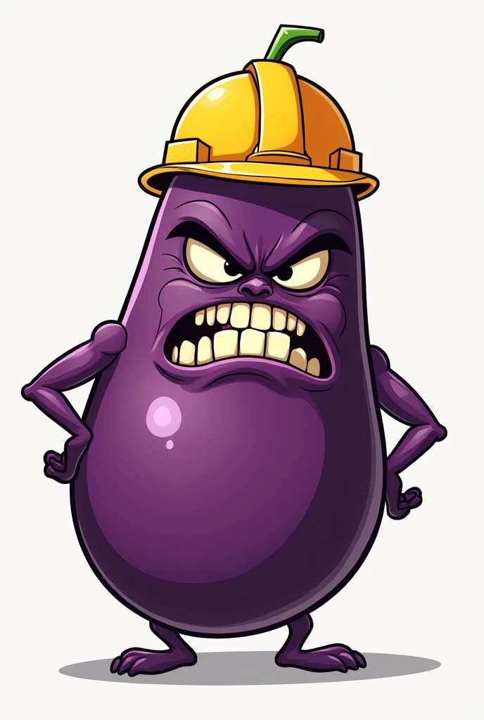 cartoon hard hatted male eggplant with a nasty look and have veins