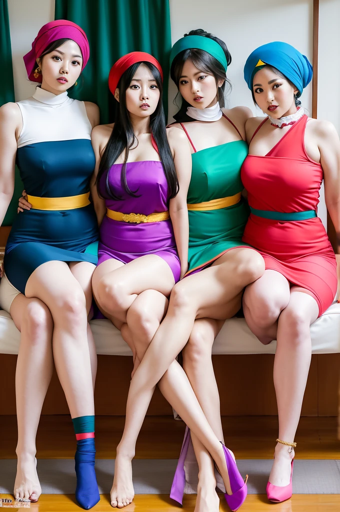 five fery fat asia woman,all wearing red green yellow pink blue and purple turbans,were sitting cross-legged in a japanese-style rom