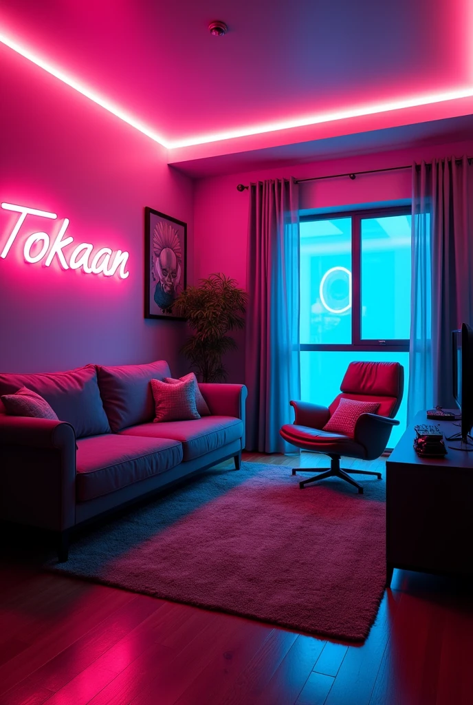 
Il y a une chambre avec un canapé, une chaise, et une télévision, dans une salle au thème cyberpunk, Éclairage ambiant au néon, chambre cyberpunk la nuit, chambre d'adolescent cyberpunk, salle futuriste, appartement cyberpunk, appartement rétro futuriste, the appartement cyberpunk, avec éclairage au néon, éclairage cinématographique au néon, Lumières OLED dans les coins, salle de jeux en 2 0 4 0, Lumières d’accentuation au néon avec ecrit Tokaan sur le mur de gauche 