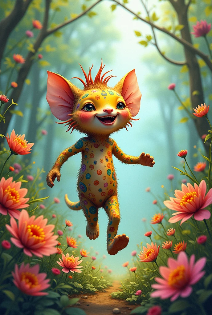 Illustration: Riks running happily among the flowers.]