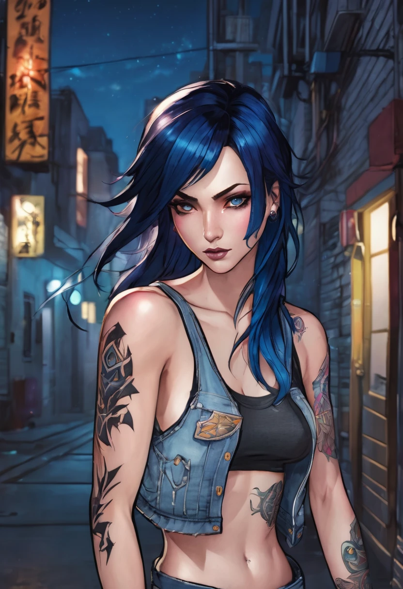 (good quality), (many details), (masterpiece), A close-up of a person in jeans and a tank top, similar to Jinx from Arcana, dark blue hair, athletic, serious melancholic face, small breasts, black band on upper arms, strong, in an alley at night, realistic tattoo under the eye,