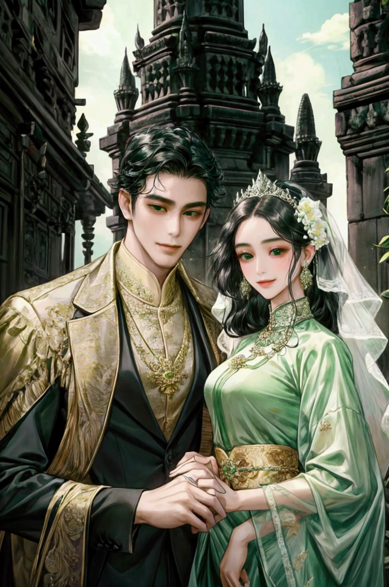 masterpiece, best quality, couple, standing near the prambanan, wedding style, romantic and charming, dark black curly hair, fair skin, temple style, light black eyes, flower blossom, light smile, green attire suit, javanese style, detailed, accurate