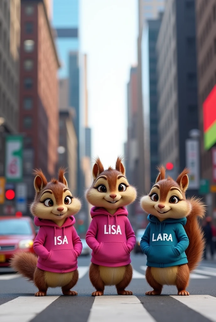 A live-action style scene featuring three anthropomorphic female squirrels, reminiscent of characters from 'Alvin and the Chipmunks,' standing in the middle of a bustling city street. Two of the squirrels, Isa and Sofia, are identical twins and share the same size, while the third, Lara, is slightly taller and looks a bit older. The squirrels are dressed in human-style clothing: Isa wears a pink hoodie with her name written on it, Sofia wears a matching pink hoodie with her name, and Lara wears a blue jacket with her name. The background features tall buildings, street signs, and cars, capturing the vibrant atmosphere of a large city during the daytime