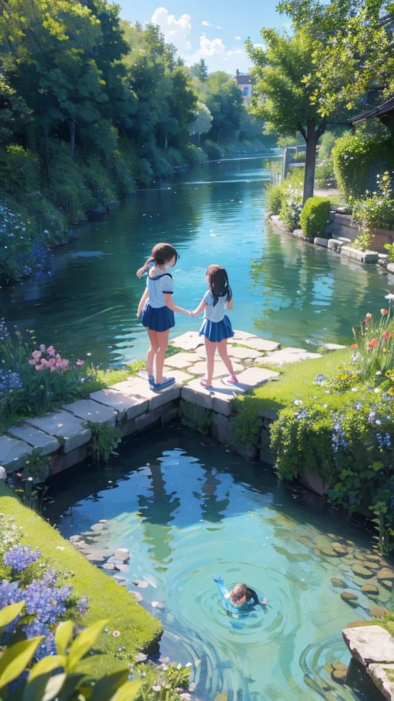 A cute teenage brother and sister playing in a blue river in a beautiful garden in spring season. Flower, Blu sky, Bird.

8k art 