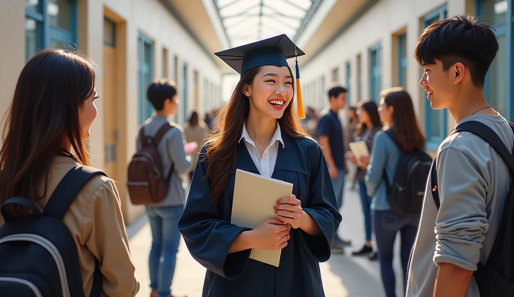 A stunning and oil painting of a young Korean woman, beautifully portrayed with a joyful expression. She is standing amidst at her collage corridor with her friends, holding her degree and talking. wide angle shot, adding to the sense of joyful. The painting exhibits a real-like, impressionistic style, with visible brushstrokes that create a sense of depth and texture. The color palette primarily consists of bright warm, greys and black evoking a light atmosphere. wide angle shot, realistic, zoom out