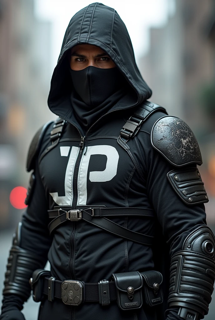 create a superhero with a uniform that mixes soldier and ninja and the uniform has a jp on the chest of the uniform and the color is black and white of the uniform with military and ninja style uniform and to put on the face a mask on the mouth and one on the eyes