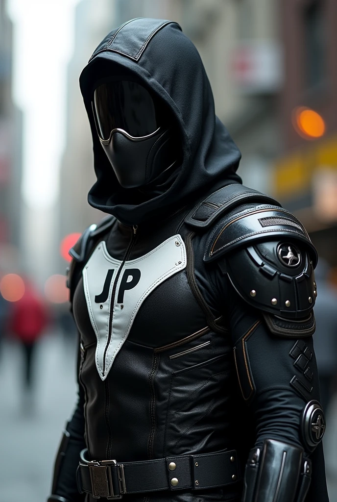 create a superhero with a uniform that mixes soldier and ninja and the uniform has a jp on the chest of the uniform and the color is black and white of the uniform with military and ninja style uniform and to put on the face a mask on the mouth and one on the eyes