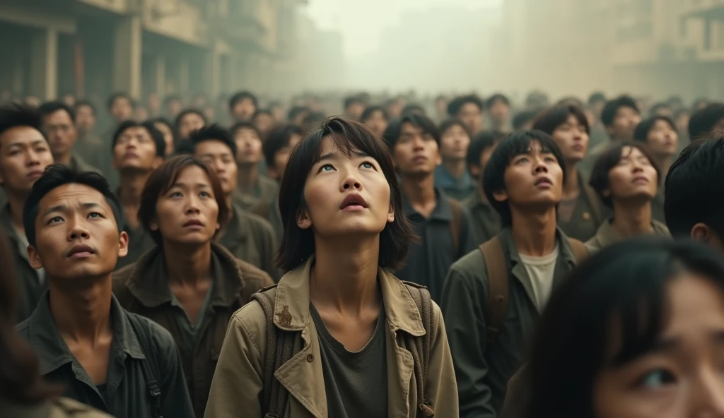 A large crowd of dirty korean people looking up in unison, with serious and astonished expressions on their faces. The scene is depicted in a realistic cinematic style with soft shadows and low contrast lighting. The background is blurred and abstract of a ruin city, ensuring the focus remains on the individuals' faces and postures. The atmosphere is intense and contemplative, capturing the collective emotion of the crowd, hazy, heat, sandy, dust