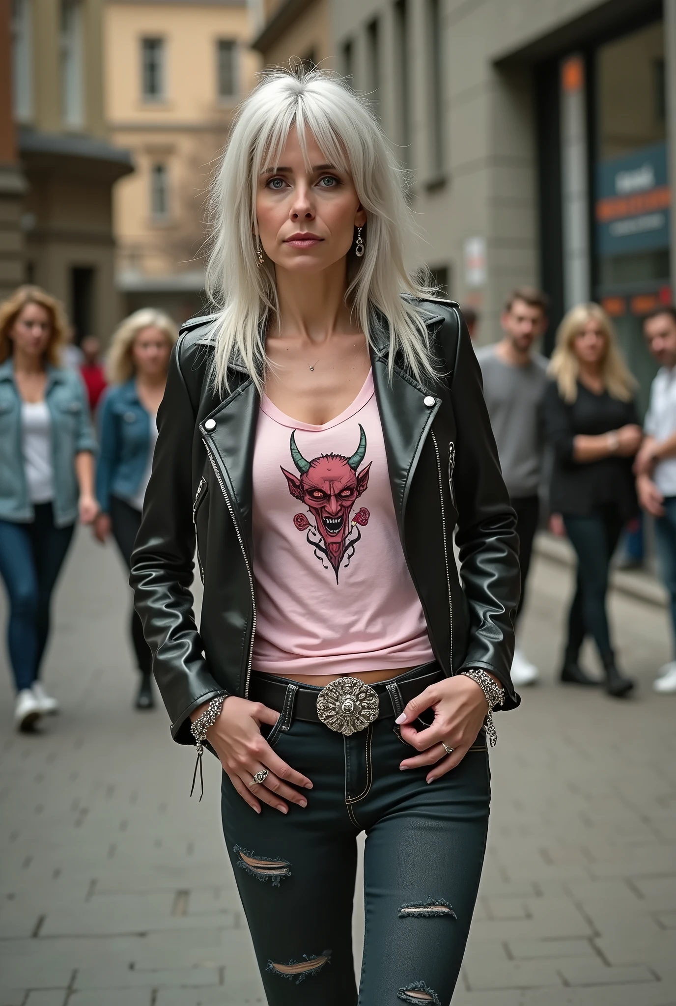 russian milf woman, biker gang member, grey hair (straight, thick, middle part), with very light blue eyes, extremely pale. Thin. Slim legs. Sad face. Wearing black moto jacket with side zippers, cropped t-shirt with devil logo, skinny dark blue jeans with holes and white tennis sneakers . Lots of metallic bracelets. Tacky leather belt with oversized, excessive silver buckle. Touches her heart.  kneeling in the street, eyes and mouth open . Long earrings. People around her