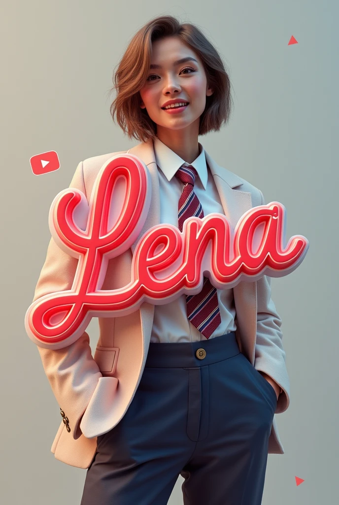 create an image for my YouTube profile picture, where the background is rather pale. The name Lena should be in the foreground. Maybe you can put a corner or a small YouTube symbol somewhere and yes, it shouldn&#39;t be so inconspicuous, but not extremely conspicuous. It should look good and fit to YouTube, so just a profile picture for YouTube. with my name Lena in the foreground. And please take some from Papaplatte, also Kevin, Andreas Teller, a picture and do it like this, as if he held my name. So take a photo of him and edit it like this, as if he then holds the name Lena with the YouTube symbol.