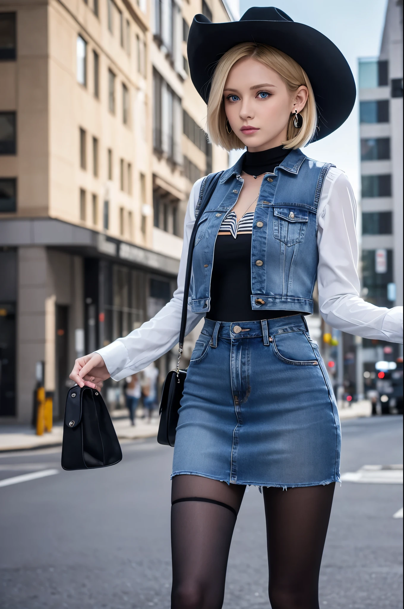 8k,Highest quality, High resolution, AND18, One Girl, Android 18, alone, Blonde, blue eyes, short hair, Earrings, jewelry, Denim dress, Open Vest, Black Pantyhose, Black Shirt, Jeans Skirt, long sleeves with stripes, Blue Skirt, Medium chest, Cowboy Shot, street, (External dilated chest: 1.2)　The body&#39;s aura is released　(Blue white light effect),Highest qualityのフォトリアリスティックRAW写真。Backlight、Cinema Lighting、Film Grain、50mm lens、Nikon D850、Realistic Skin、Fantasy art、Character Art、超High resolution、muscular and slim body、超Realistic Skin、Super Muscular Beauty,