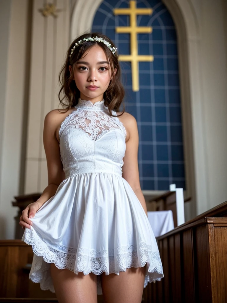  15 year old girl, blonde hair, children's pigtails hair, hair ribbon, Caucasian facial structure, crying, dog collar, she is wearing a sheer tight wedding dress, presenting panties, white panties, visible nipples, marked nipples, she is chained in a church,