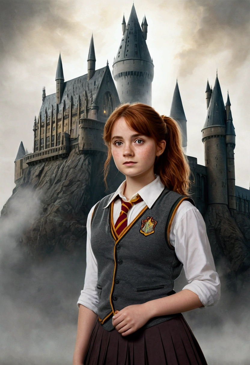An illustrated movie poster, hand-drawn, full color, a female Hogwarts student, 18 years old, wearing a charcoal vest and a pleated skirt, tall, toned, amazonian stature, athletic hourglass figure, full wide hips, massive round butt, long shapely legs, ridiculously thick powerful thighs, auburn hair, messy ponytail, flushed sun-kissed complexion, freckles, resembkes Natalie Dyer, standing in front of Hogwarts Castle, surrounded by mist, graphite shading, stencil marks, airbrushed acrylic paint, masterpiece, in the Deathly Hallows 