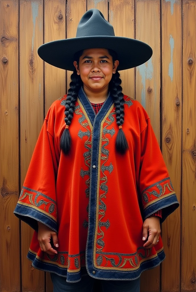  Wooden painting with a red chapaco poncho with a black chapaco hat

