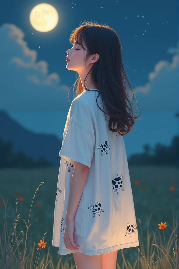 A woman wearing a White knee length night wear with moo and cows drawn with white above ankle loose pants