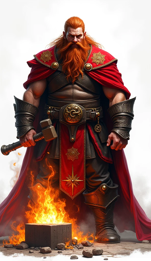 ((kimono)), Arafed, (male: 1.3), dwarf, (Masterpiece, intense details: 1.5) full body, red cloak with (Hammer and anvil symbol: 1.1), flowing cloak (holy symbol sun: 1.2), red hair, long braided beard, hair strand, frown, smile, high detail, Realism, Action painting, depth of field, god rays, wide shot, panorama, Ultra-Wide Angle, uhd, super detail, high quality, Photorealism, 16K, highres, No background, White background, background through