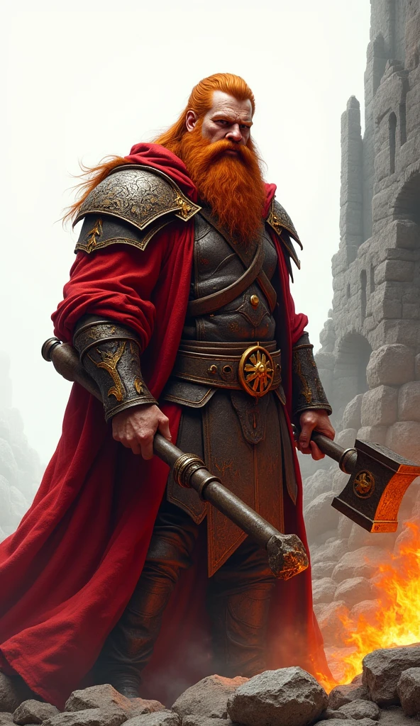 ((kimono)), Arafed, (male: 1.3), dwarf, (Masterpiece, intense details: 1.5) full body, red cloak with (Hammer and anvil symbol: 1.1), flowing cloak (holy symbol sun: 1.2), red hair, long braided beard, hair strand, frown, smile, high detail, Realism, Action painting, depth of field, god rays, wide shot, panorama, Ultra-Wide Angle, uhd, super detail, high quality, Photorealism, 16K, highres, No background, White background, background through