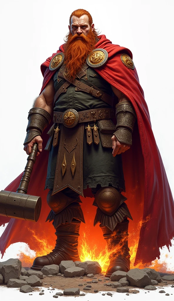 Japanese closed, arafed, (male: 1.3), dwarf, (Masterpiece, intense details: 1.5) full body, red cloak with (Hammer and anvil symbol: 1.1), flowing cloak (holy symbol sun: 1.2), red hair, long braided beard, hair strand, frown, serious, high detail, Realism, Action painting, depth of field, god rays, wide shot, panorama, Ultra-Wide Angle, UHD, super detail, high quality, photorealism, 16K, highres
