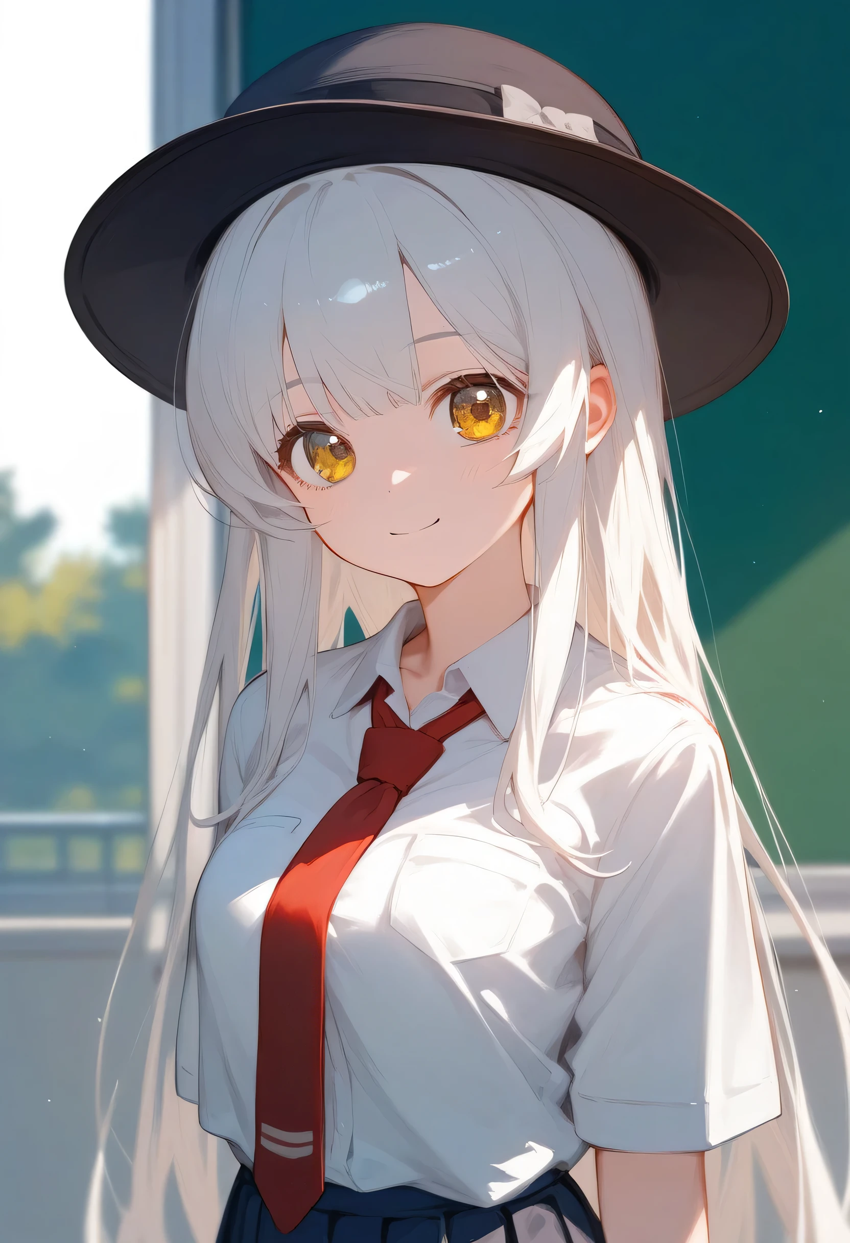 Anime Girl in a school uniform with a hat and a tie, Anime cute art style, 2D anime style, zerochan art, Fleet Collection Style, (Anime Girl), gapmoe yandere, Beautiful anime high school girl, Anime style 4k, cute Anime Girl, Best Girl in Anime, High-quality anime art style, zerochan, Perfect white-haired girl
