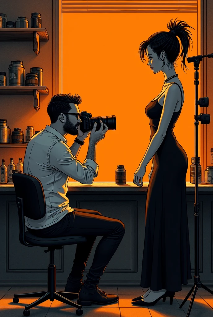 There is a 30-year-old photographer,Photographing a beautiful woman,Photographer with short beard, short hair, (slightly overweight), wear glasses, Sit at the bar,Directing a model,, In his studio, With tripod,Using the Camera, There are many cameras in the cabinet,Popular on Art Station, Play Techno House Music, Music playing, listen to music, Milton Caniff (Milton Caniff) Beautiful illustrations, Duotone, Two colors, Black and Orange, , , ink, masterpiece