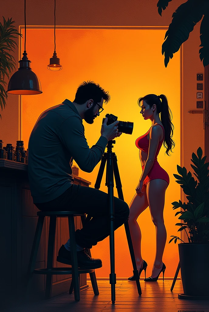 There is a 30-year-old photographer,Photographing a beautiful woman,Photographer with short beard, short hair, (slightly overweight), wear glasses, Sit at the bar,Directing a model,, In his studio, With tripod,Using the Camera, There are many cameras in the cabinet,Popular on Art Station, Play Techno House Music, Music playing, listen to music, Milton Caniff (Milton Caniff) Beautiful illustrations, Duotone, Two colors, Black and Orange, , , ink, masterpiece